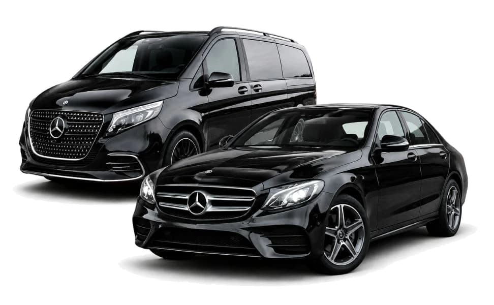 Mercedes V-Class people carrier and E-Class saloon from AJ Travel's chauffeur-driven fleet