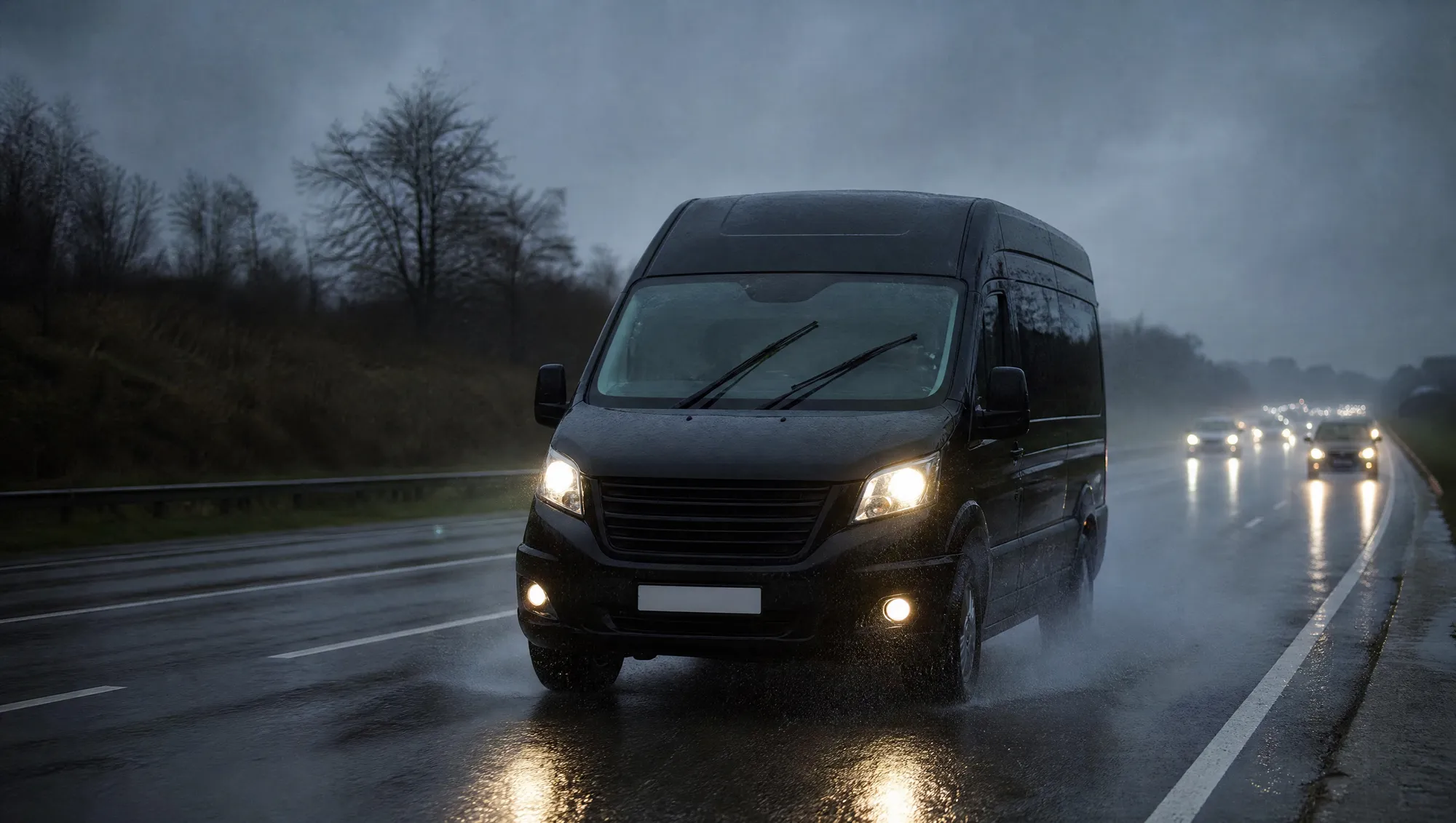 A black high-roof minibus driving through heavy rain on a British dual carriageway at dusk with headlights on