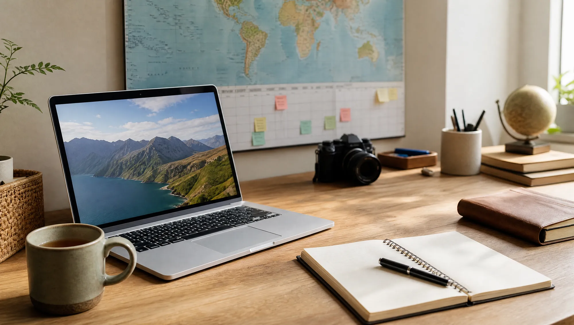 A trip-planning desk with an open laptop, a paper wall planner and a notebook